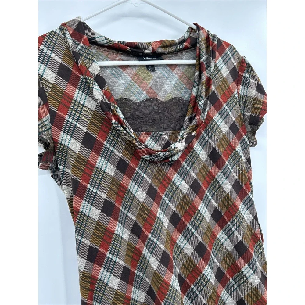 Iz Byer Womens Y2K Cap Sleeve Plaid Top Size‎ Medium Brown Academia Grunge Bratz